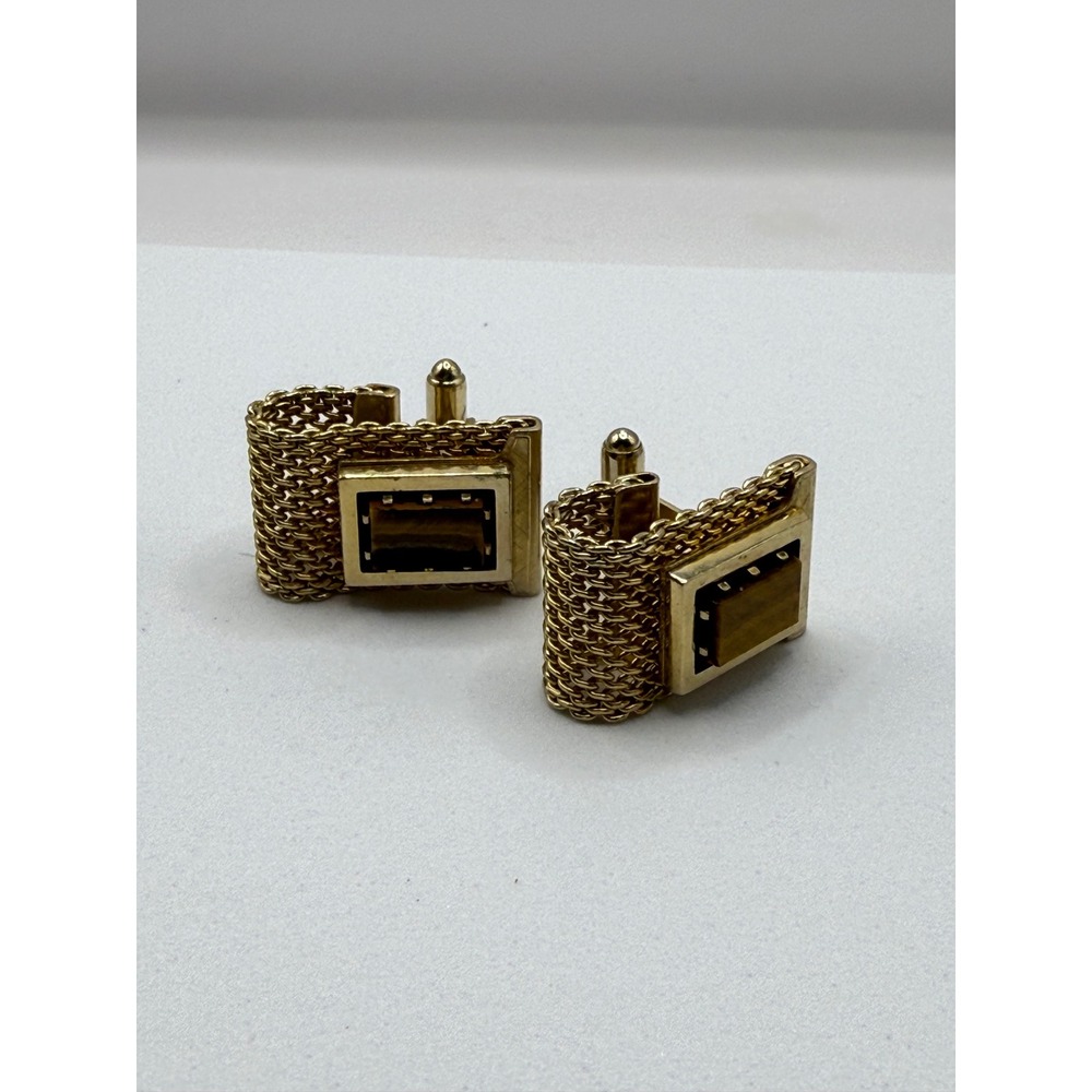 Anson Vintage Gold Tone Wrap Around Mesh Cufflinks Tigers Eye Stone Rectangular